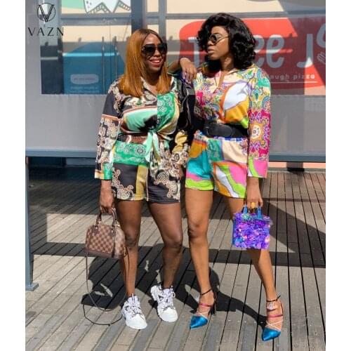 VAZN 2021 Women Fashion New Street Hip Hop Style Sets Long Sleeve Lapel Top Elastic Short Pants Printed Casual Two Piece Sets