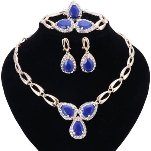 New African Beads Jewelry Sets Gold Color Imitated Blue Gem/Crystal Women Wedding Party Necklace Bracelet Earring Ring Sets