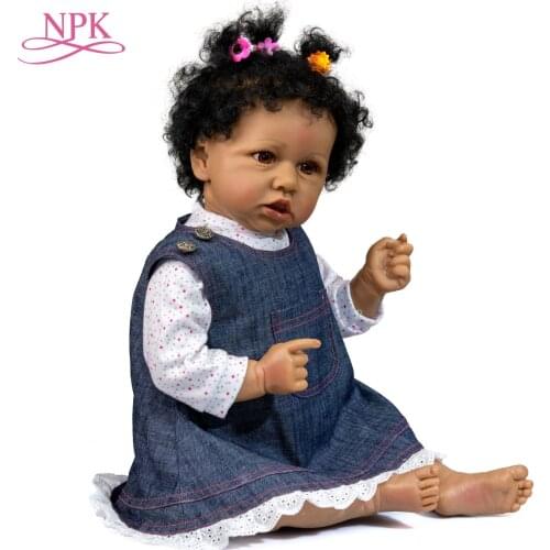 NPK 56CM African American Baby Bebe Doll Reborn Toddler Girl Saskia Black Skin Color Handrooted Hair with Bottle Pacifier
