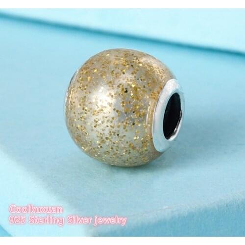 Autumn Original 925 Sterling Silver Glitter Ball Charm, Golden Glitter Enamel Beads Fit Pandora Charms Bracelet Diy Jewelry