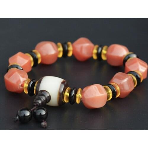 Drop Shipping Agate Bangles Natural Red Chalcedony Diamond shape Round Buddha Beads Bracelets Gift for women Males Fine Jewelry