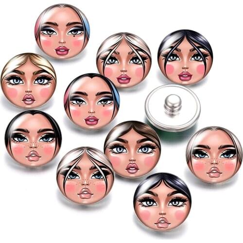 Fashion Girl Face beauty 18mm snap buttons 10pcs mixed round photo glass cabochon style for 18mm snap bracelets jewelry Gift