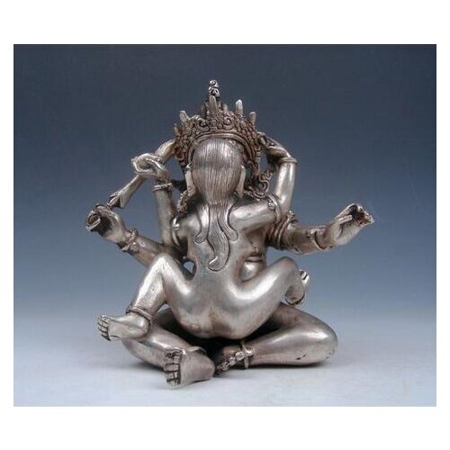 HANDWORK UNIQUE SILVER COPPER ELEPHANT chinese Vintage Tibetan Silver white Copper Crafted Mandkesvara Yab-Yum Buddha