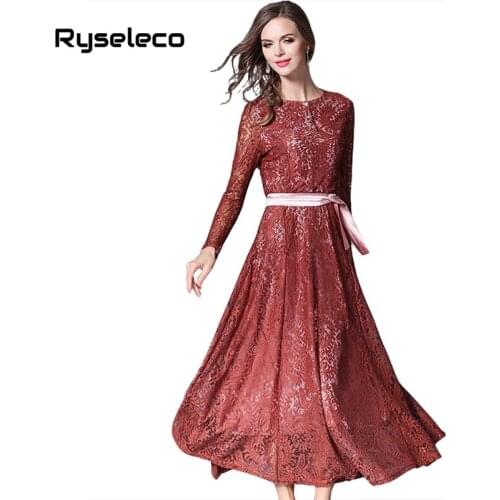 Ryseleco Brand New Elegant Women O-Neck Buttons Maxi Lace Dresses Floral Lace Hollow Out Big Swing Casual Party Quality Vestidos