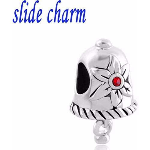 Slide charm Free shipping Christmas red crystal charm flower bell classic fashion charm beads fit Pandora charm bracelets