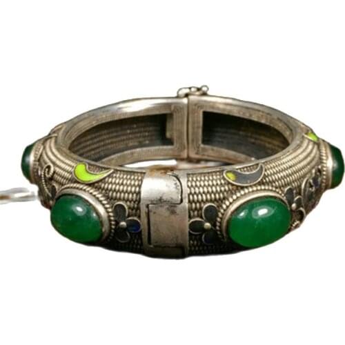 Qing Dynasty silver thread baked blue silver bracelet inlaid with old jade wide Bracelet movable transfer Bracelet classic jewel