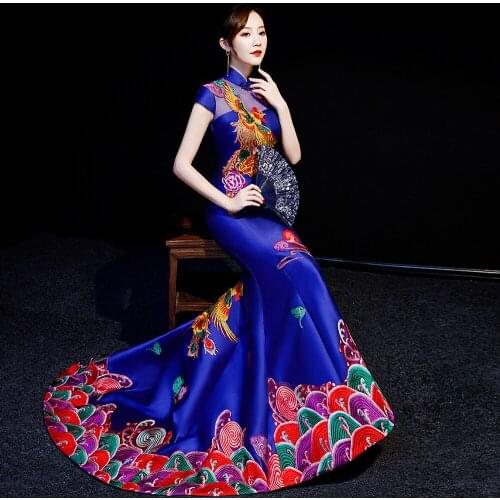 Blue Chinese Traditional Dress Modern Qipao Wedding Cheongsam Long Evening Gown Party Sexy Backless vestido