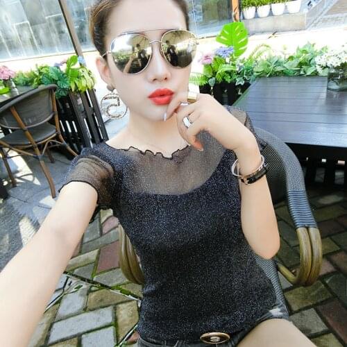 2021Sexy Womens Net yarn Bronzing T-Shirts Short Sleeves summer Solid Color O Neck Women T shirt Tops