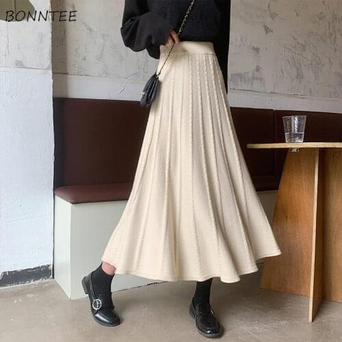 Pleated Skirts Women Solid Loose Elegant Trendy Knitted Mid-calf Spring Slim High Waist All-match Korean Style Office Lady Drape