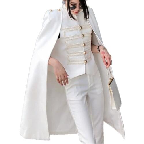 Cape shawl woolen coat women 2020 autumn winter cloak single-breasted embroidery stand collar military wool blends coa