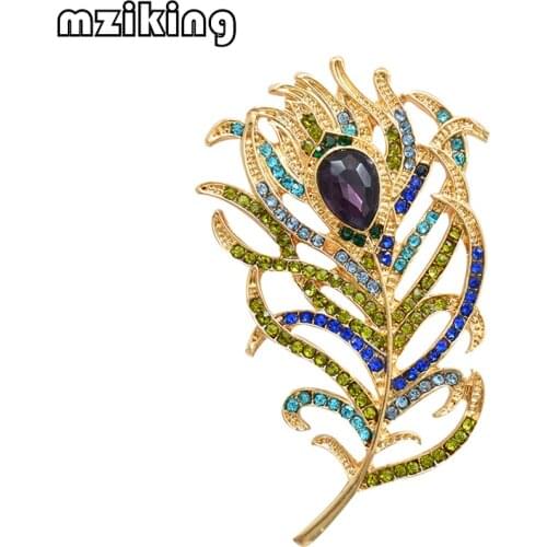 Mziking New Vintage Feather brooch Large Women Crystal Brooches Pin Antique Gold Rhinestone Brooch Brosh Metal Jewelry Accessory