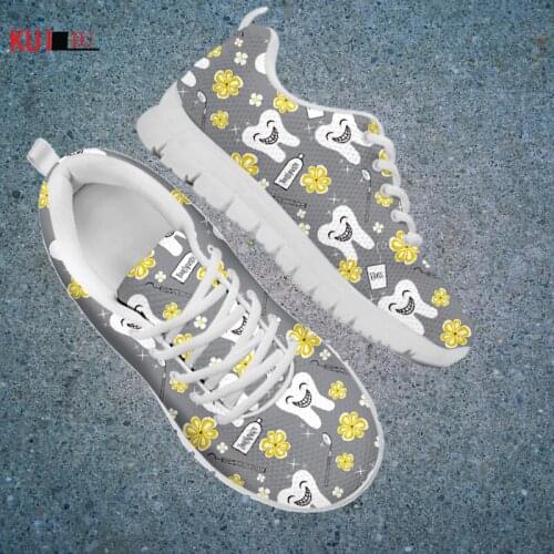 KUILIU Tooth Floral Funny Print New Shoes for Women Breathable Casual Famale Running Sneakers Mesh Flats Shoes Free Shipping