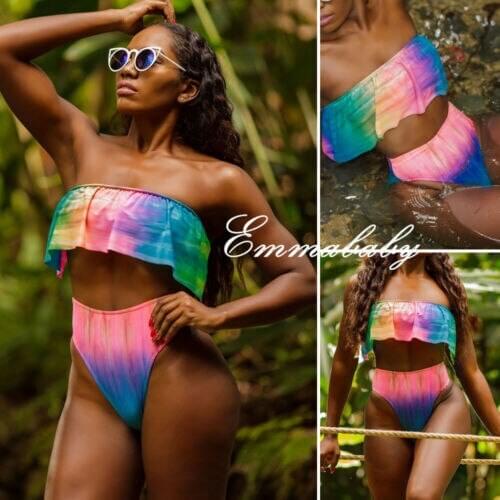 2019 New Women Sexy Strapless Shoulder High Waist Chiffon Bikini Tankini Push-up Padded Swimsuit Swimwear Rainbow Color