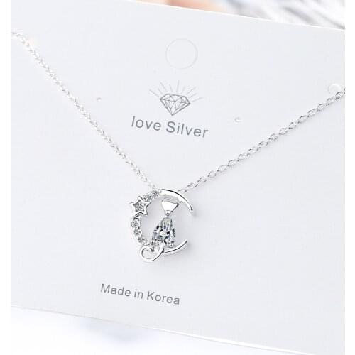 925 Sterling Silver Zircon Moon Cute Cat Charm Necklaces & Pendants For Women Choker Collares Fashion Jewelry dz516