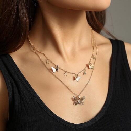 Fashion Cute Butterfly Choker Necklace For Women Gold Color Layered Chain Butterfly Pendant Necklace Female Chocker Jewelry