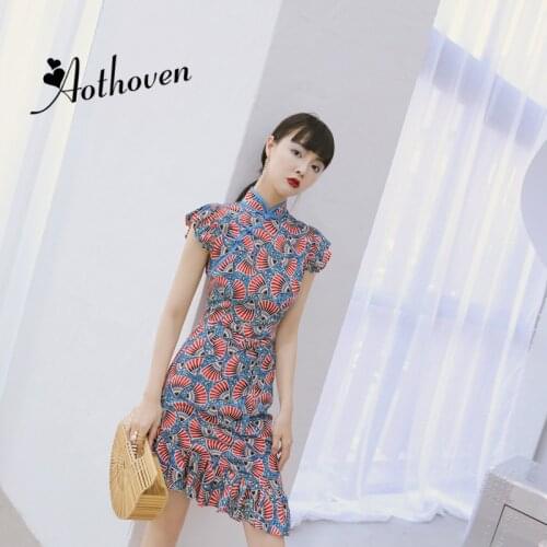 2018 Summer Vintage Cheongsam Bodycon Dress Mandarin Collar Short Sleeves Women Dress Bohemian Sexy Party Ruffles Mermaid Dress