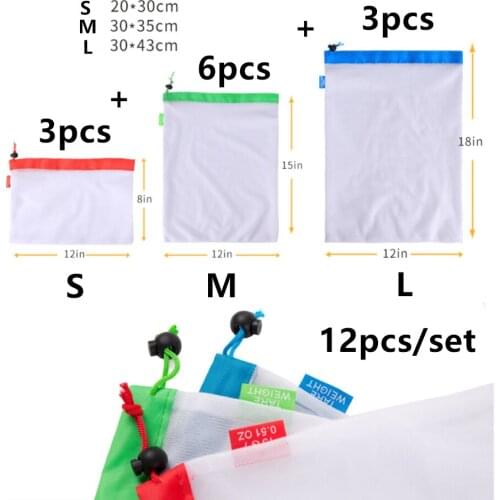 10sets/lot Reusable PE Mesh Produce Bag 12pcs/set Drawstring Shopping Bags Storage Tote Fruit Grocery Eco-friendly Washable