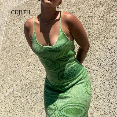 2021 Vortex Print Knit Bodycon Dress Women Green Y2k Summer Hollow Out Sexy Sleeveless Spaghetti Strap Beach Midi Dresses Party
