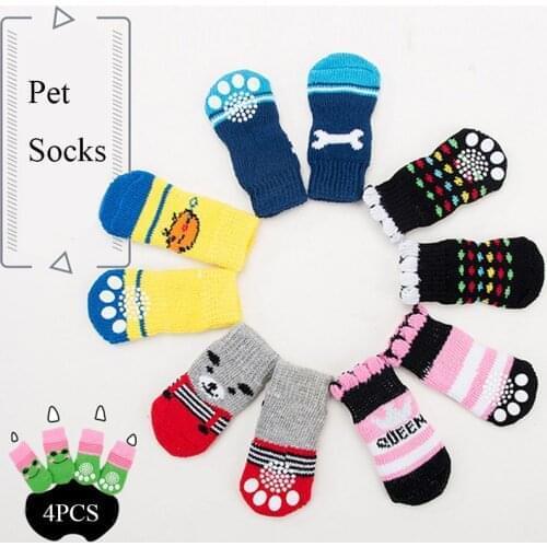 4pcs Warm Puppy Dog Socks Shoes Soft Pet Knits Sock Cute Cartoon Anti Slip Skid Socks For Small Medium Dogs Pet Supplies S/M/L