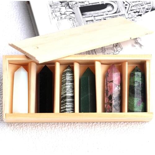 6PCS Natural Crystal Magic Point Wand Colour Quartz Rock Mineral Specimen Healing Stone Crystal Point Gift Crafts Wooden Box DIY