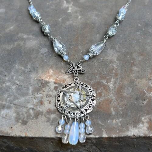 White Pentacle Necklace, witch jewelry, pentagram necklace, wiccan jewelry, pagan jewelry