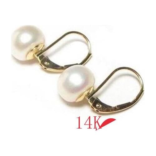 Free shipping >>>>noble jewelry 8-9mm AAA White Pearl Lever Back Earrings in 14K Yellow Gold