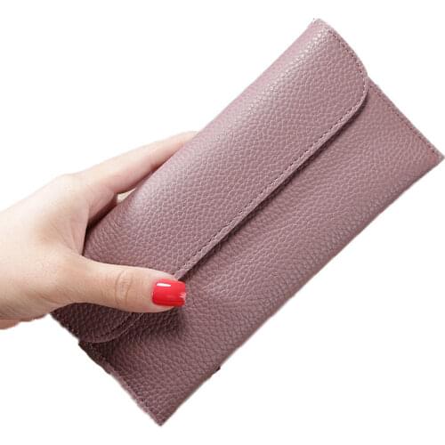 Long Style Grain PU Leather Women Wallet Card Bag with Button Closure Large Capacity Solid Color Lychee Pattern Female Wallet