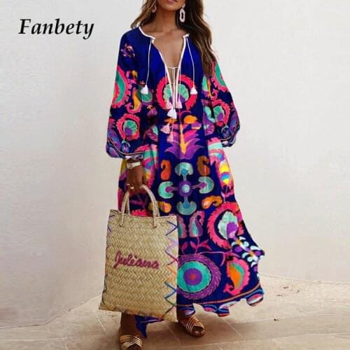 Elegant Floral Print Tassel Long Party Dress Women 2020 Autumn Vintage Long Lantern Sleeve Dresses Lady Sexy V Neck Party Dress