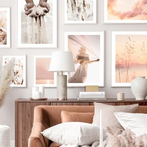 Colorful Clouds Sunset Girl Flower Beach Birds Reed Nordic Poster Wall Art Print Canvas Painting Decor Pictures For Living Room