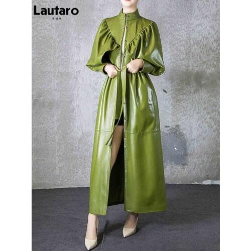 Lautaro Autumn Green Black Maxi Soft Faux Leather Trench Coat for Women Designer Long Stylish Elegant Luxury Retro Fashion 2021