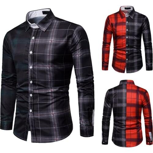 Mens Plaid Shirt Long Sleeve Turn Down Collar Contrast Cardigan Shirt Casual Single-Breasted Patchwork Tops