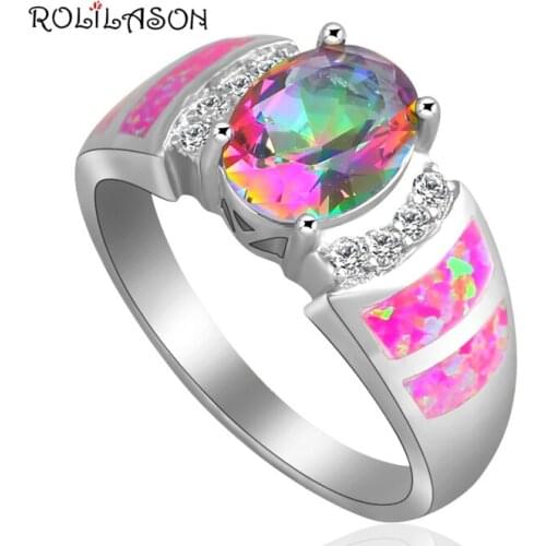 New Wedding accessories Pink fire Opal Silver Stamped fashion jewelry Rainbow Rings USA size #6 #7 #8 #9 OR658A