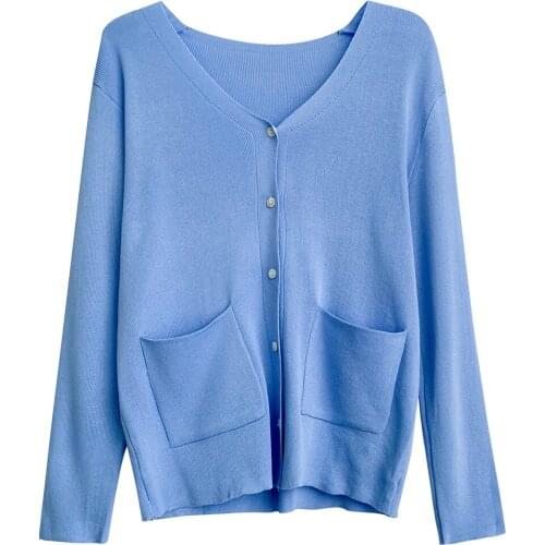Autumn knitted cardigan womens pocket summer thin sunscreen jacket short simple and versatile loose top