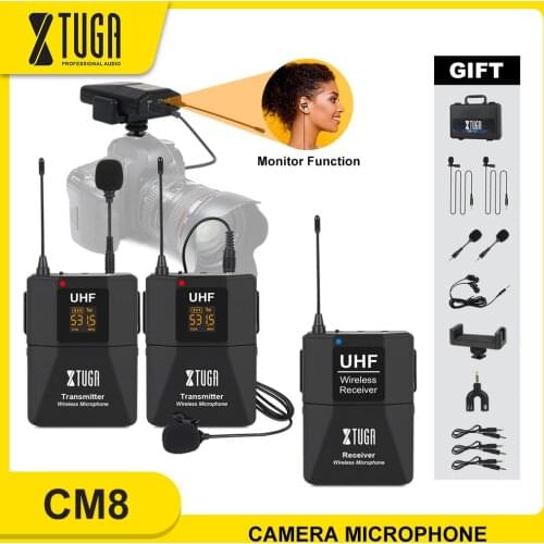 XTUGA Wireless Lavalier Microphone with Audio Monitor Function Camera Mic UHF Wireless Lapel Mic for Smartphones DSLR Cameras