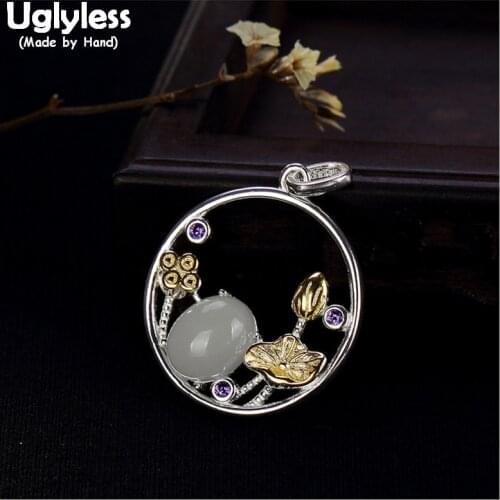 Uglyless 100% Real 925 Sterling Silver Handmade Lotus Pond Pendants for Women Nature Jade Necklaces NO Chain Floral Fine Jewelry