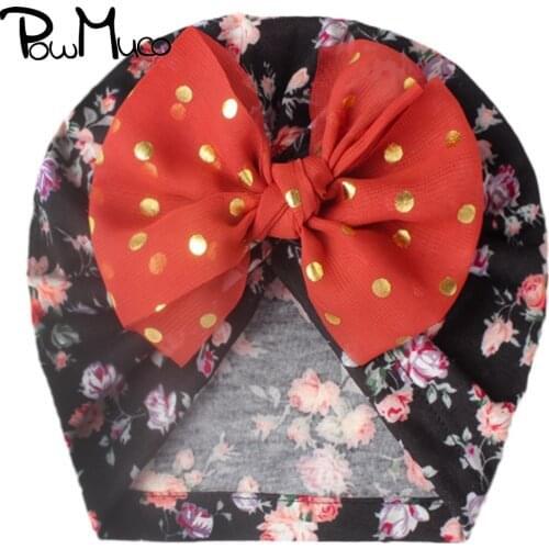 Powmuco 1 PCS Fashion Gold Dots Handmade Bowknot Infant Hats Cute Flowers Pattern Baby Girls Turban Caps Print Children Headwear