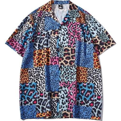 Summer New Korean Colorful Leopard Plaid Printed Short Sleeved Shirt For Mens Fashion Hawaiian Harajuku Beach Shirts Oversized