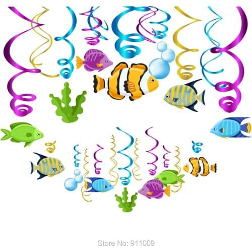 Deep Sea Fish Kids Birthday Party Decoration PVC Spiral with Paper Card Hanging Swirls Baby Shower Party Supplies