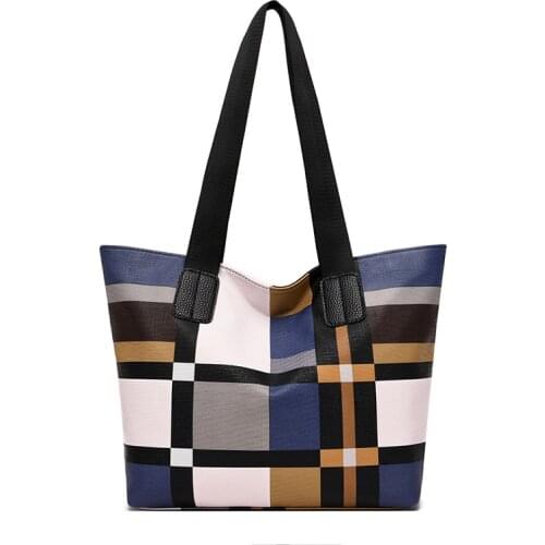 Fashion Plaid Totes For Women PU Leather Splicing Handbag Large Capacity Shoulder Bag Luxury Top-Handle Bag Shopping Lady Totes