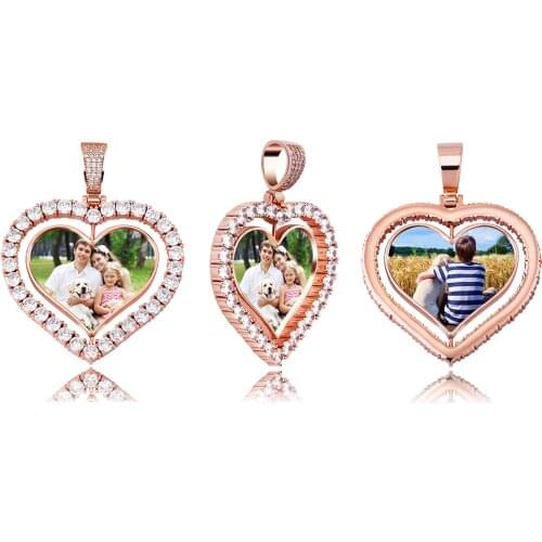 TOPGRILLZ Heart Shaped Custom Photo Spin Double Sided Medallion Pendant Necklace With 4mm Tennis Chain Zircon Hip Hop Jewelry
