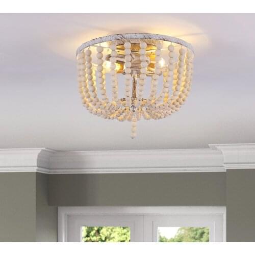 UMEILUCE Vintage 2 Lights Wooden Bead Chandelier Retro White Ceiling Light for Bedroom Entrance Loft Homestay Indoor Lighting