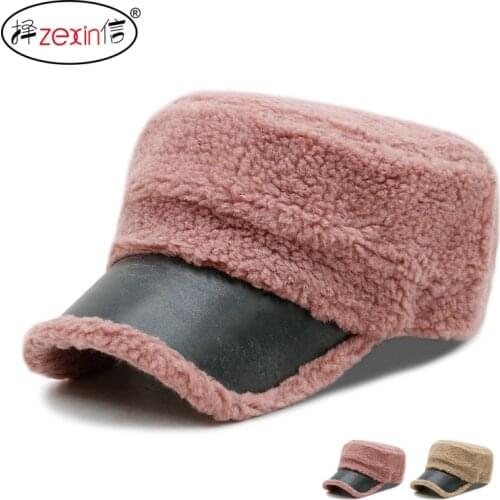 Autumn and Winter vintage flat-top cap fashion Korean style womens hat short brim plush military cap mens thickened warm hat