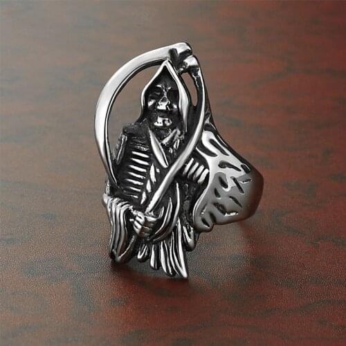 New Vintage Punk Style 316L Stainless Steel Grim Reaper Skull Ring for Men Domineering Skull Titanium Steel Jewelry