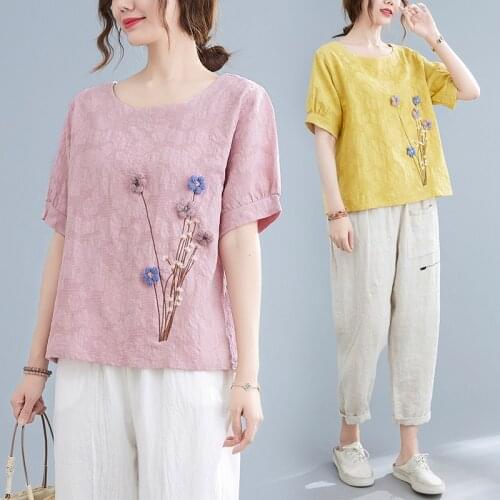 Short Sleeve Round Neck Vintage Embroidery 3D Floral Loose Top Women Summer Casual Cotton and Linen Female Elegant T-shirt
