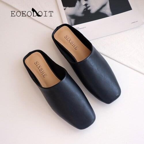 EOEODOIT Summer Sandals Women Square Toe Leather Slippers Flat Heel Mules Shoes Casual Holiday Outside Slides Drags Cozy Flats