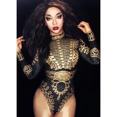 Glisten Black Gold Crystals Bodysuit Womens Long Sleeves Outfit Dance Ds Stage Show Nightclub Costume Singer nice Leotard Wear