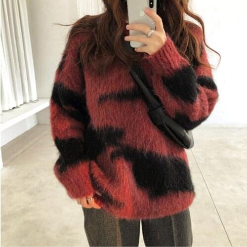 Casual Oversized Sweater Woman Vintage Striped Knitted Pullover Lady Winter Mohair Jumper Long Sleeve O Neck Sweaters Streetwear