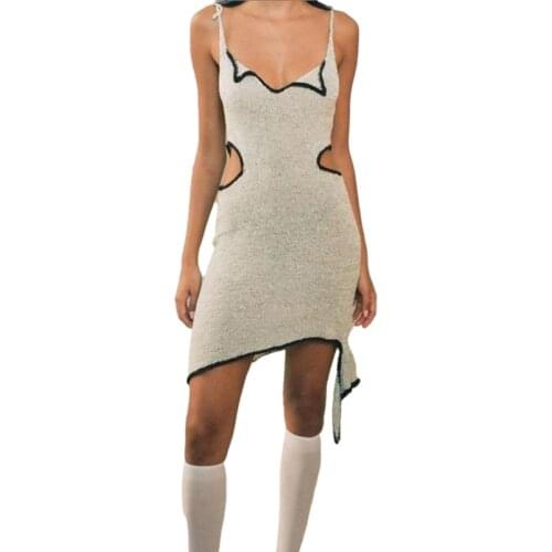 Women Irregular Mini Dress Sexy Hollow out Waist Patchwork Hip Dress Summer spaghetti Strap Preppy style Lace up sleevelessdress