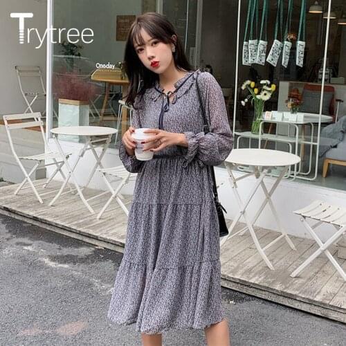 Trytree Spring Summer Bohemia Dress Women Print Bow Tie Puff Sleeve Elastic Waist dresses A-Line Office Lady Casual Dress