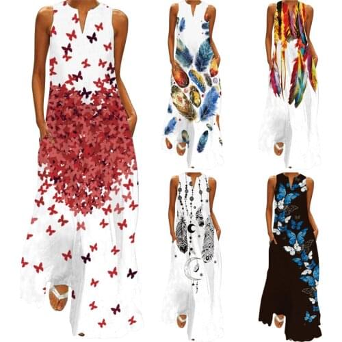 2021 Summer Womens Fashion Sexy Digital Printing V-neck Sleeveless Long Dress with Pocket European and American Dress S-5XL